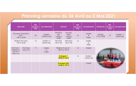 Séances en extérieur planning semaine du 26 avril au 2 mai